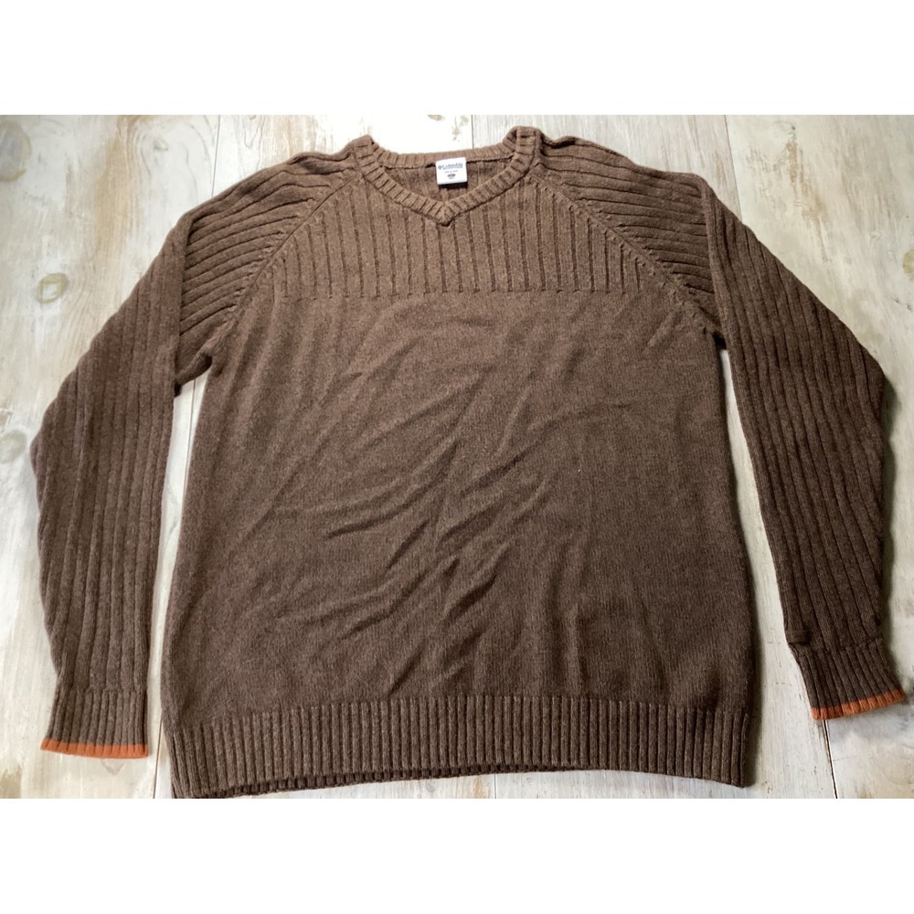 Columbia Sportswear Company Mens V Neck Sweater Brown Ribbed Knit Cotton Size L